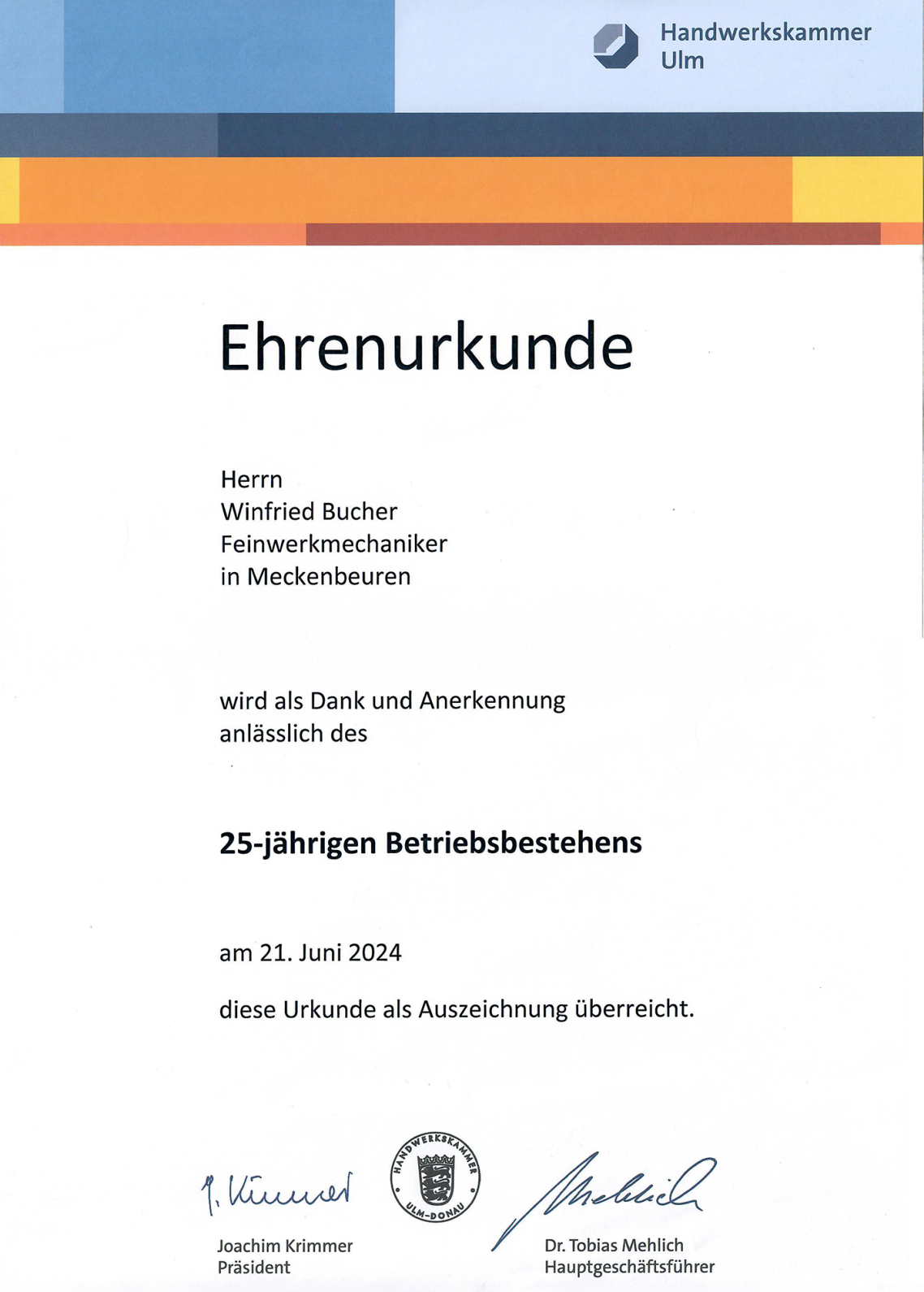 Urkunde der Handwerskammer für 25 Jahre Bestehen